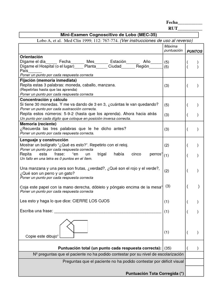 Evaluacion cognitivo mini mental de Lobo | PDF