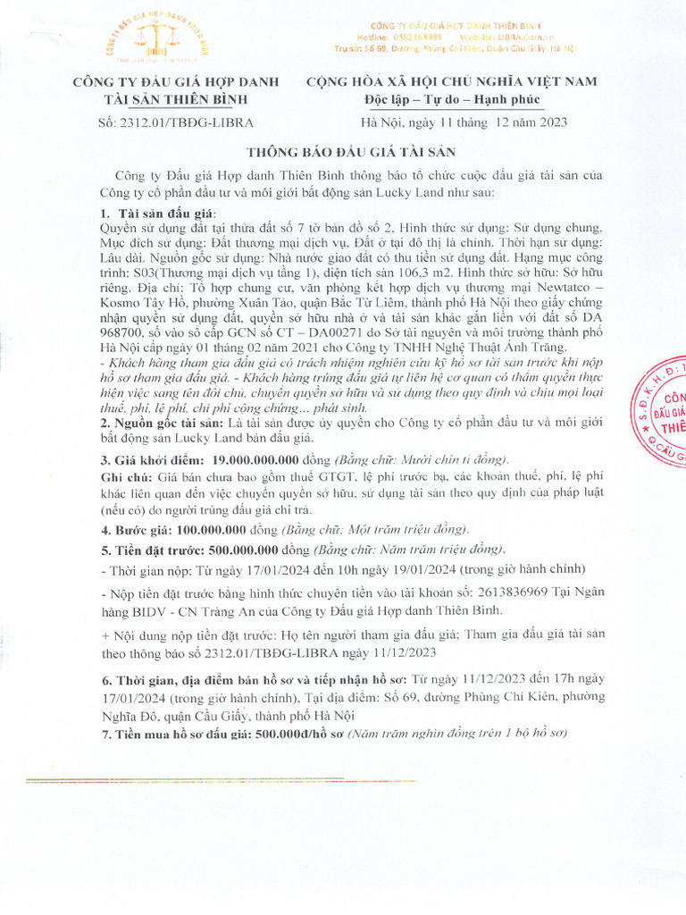 Libra+-+thông+báo+bán+đg+-+han BTL Kosmo S03 | PDF