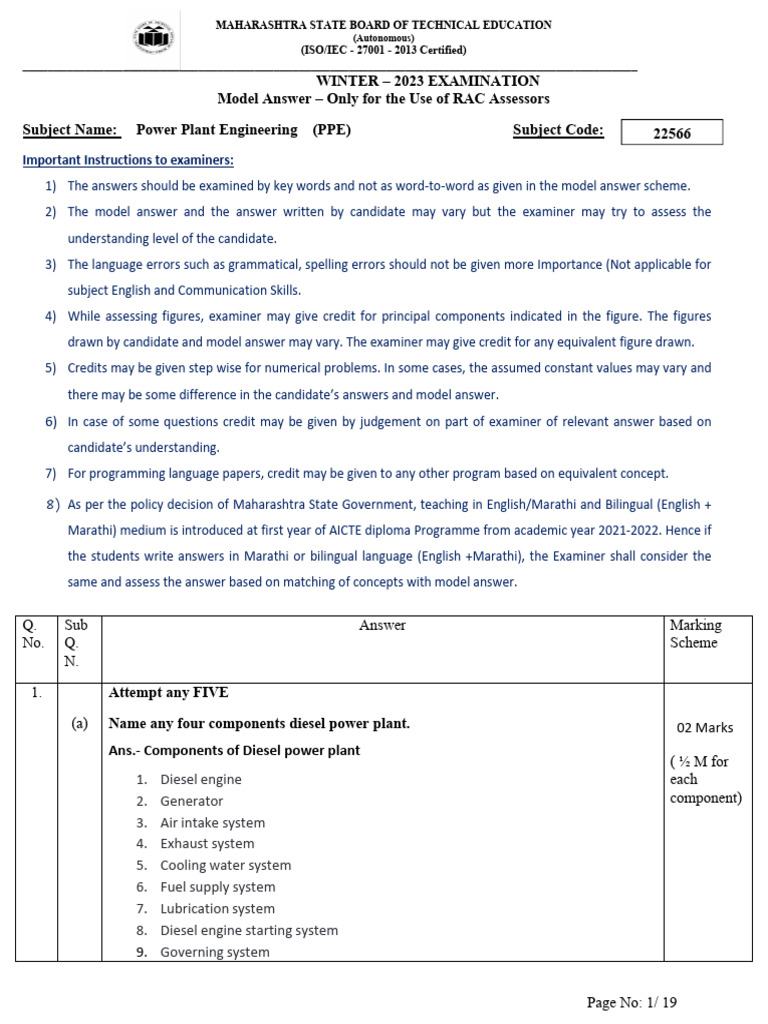 Winter 2023 Model Answers: Power Plant Engineering | PDF | Technology ...