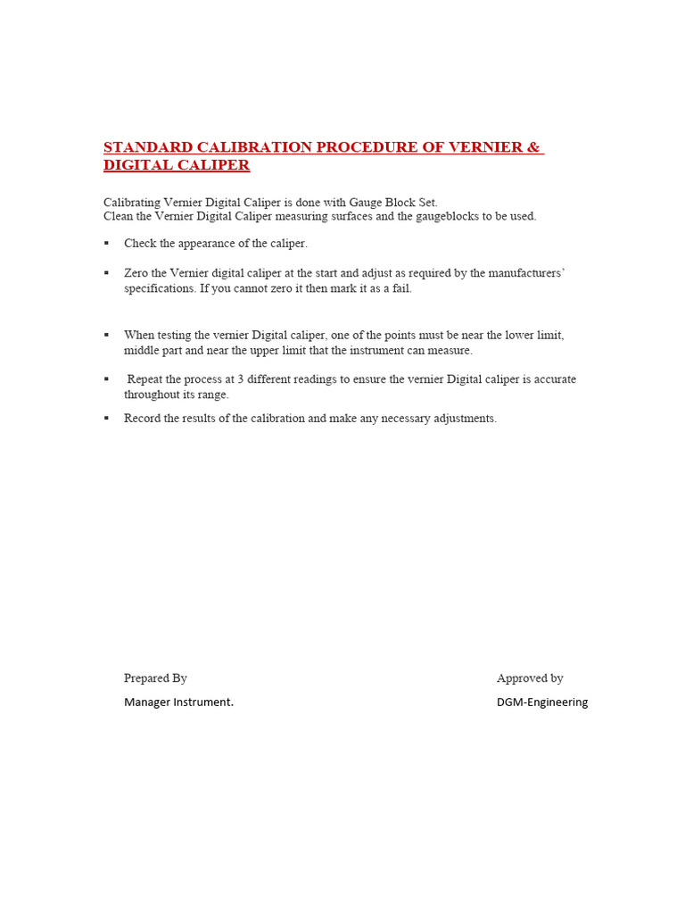 Calibration Procedure of Vernier Digital Caliper PDF