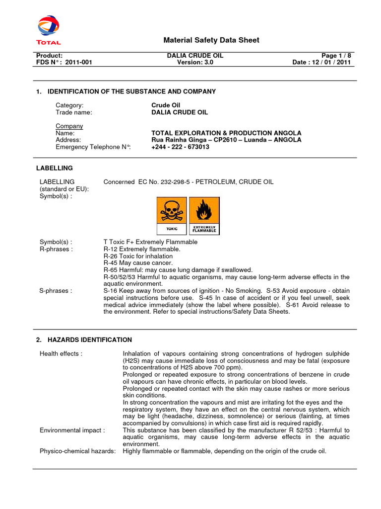 Dalia Crude Oil MSDS PDF Toxicity Combustion