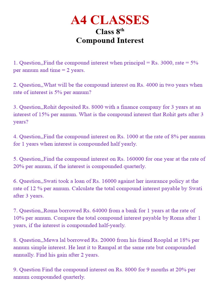 Compound Interest for Class 8 | PDF