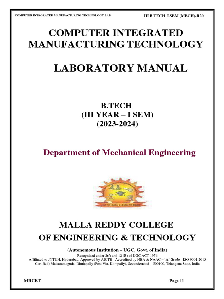 Computer Integrated Manufacturing Technology Lab Manual PDF
