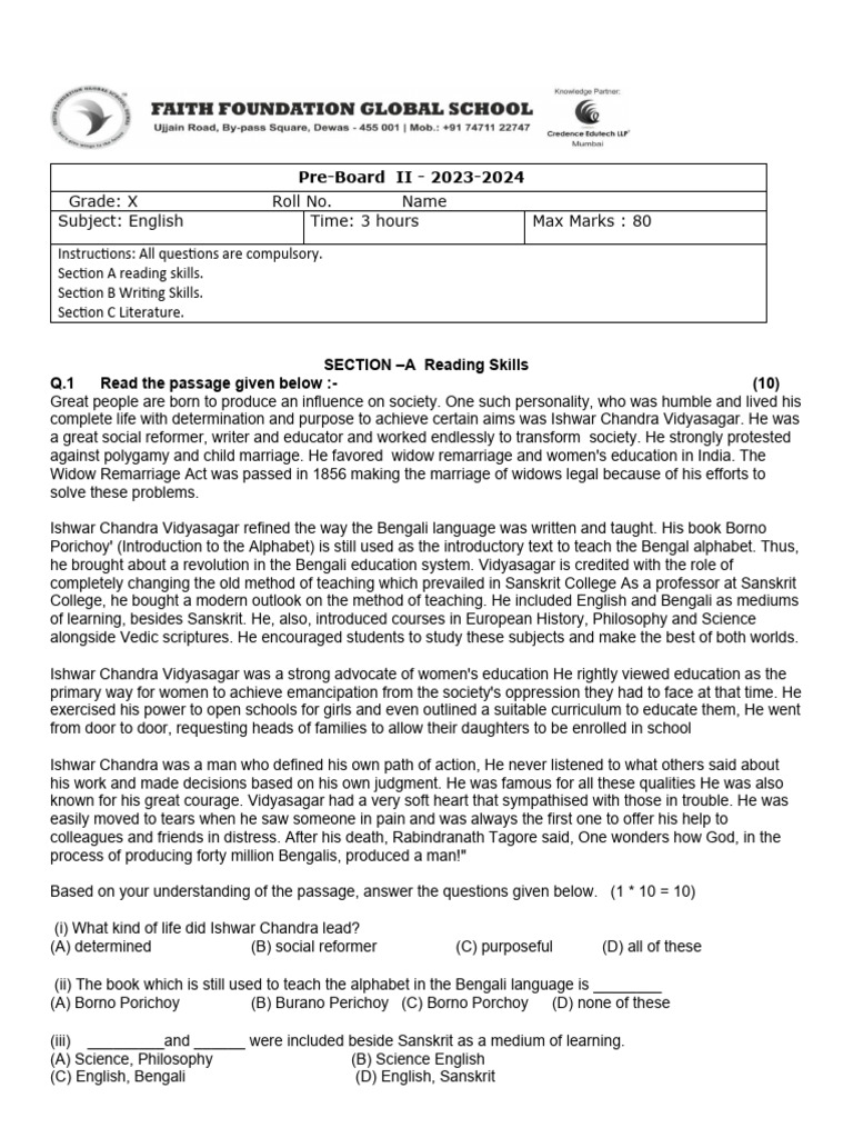 Pre-Board Exam Paper for Grade X - English | PDF | Drink | Coffee