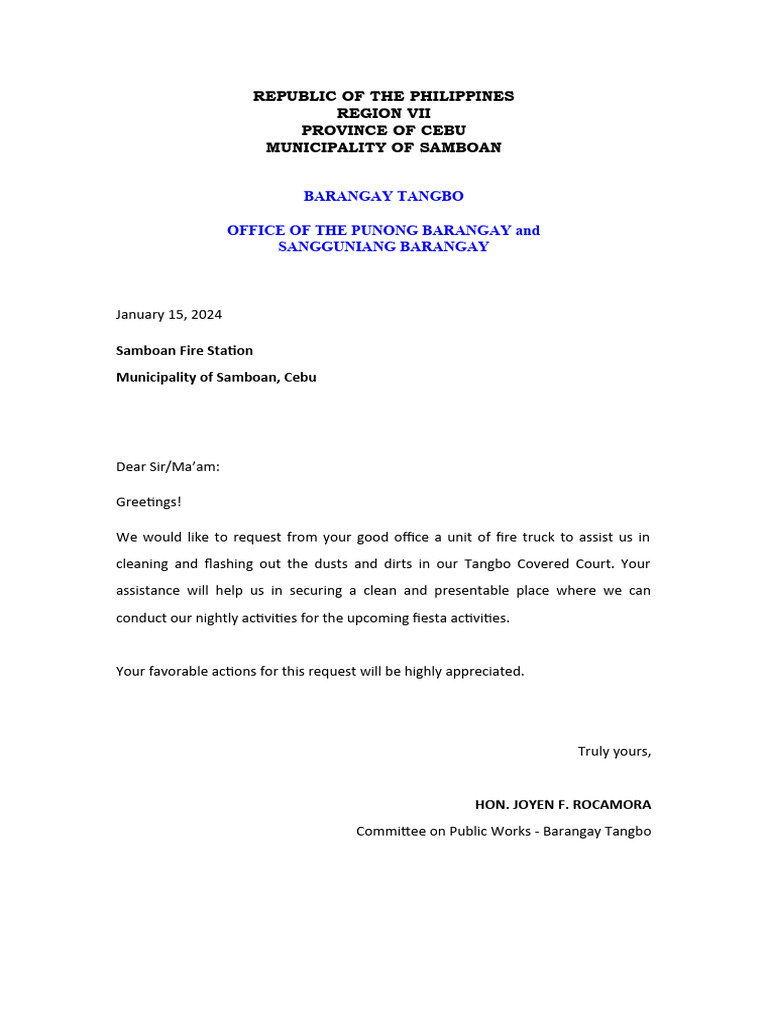 Request for Fire Truck Assistance in Samboan | PDF