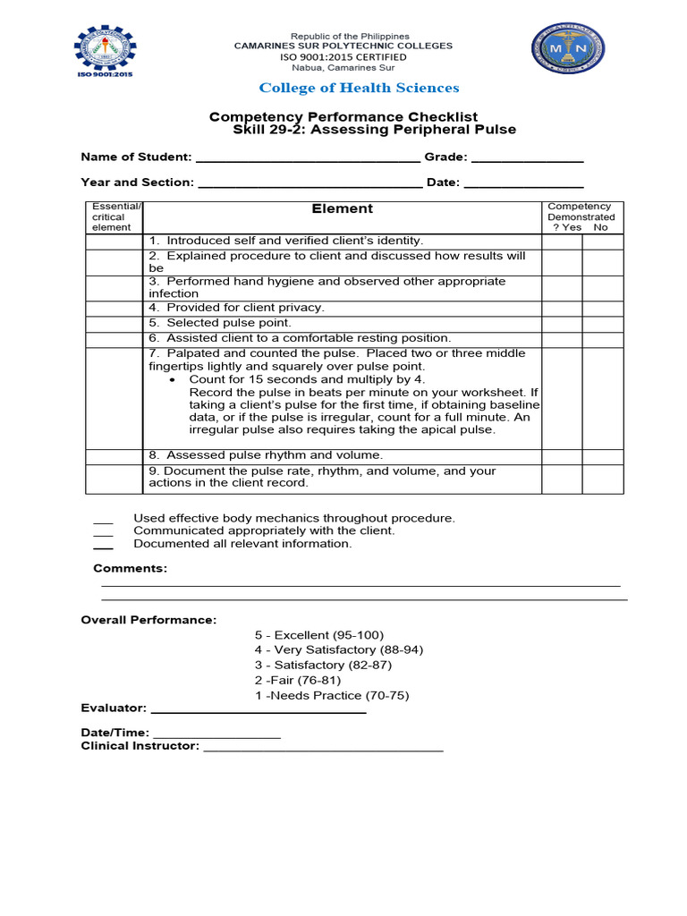 Peripheral Pulse Checklist | PDF