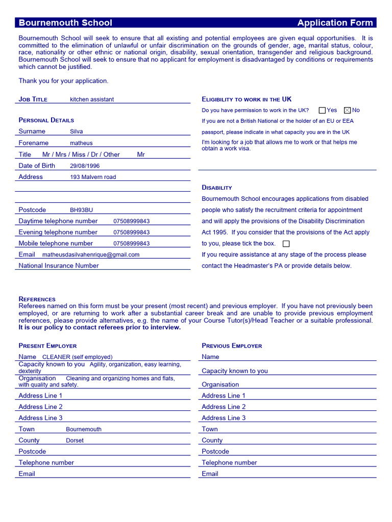 Formulario Kitchen Assistant | PDF | Equal Opportunity | Employment