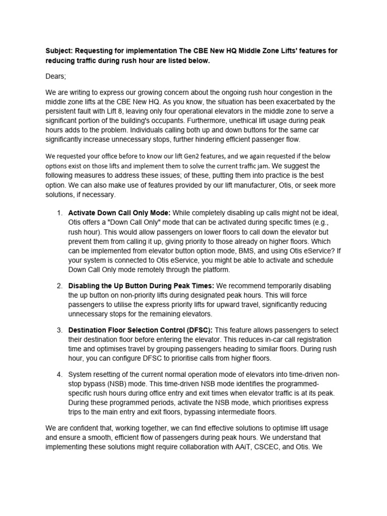 Letter To CSCEC To Request Otis Features Implementation | PDF