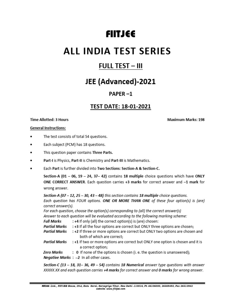 Aits 6 jee advanced paper 1 18 01 2021 removed pdf physics