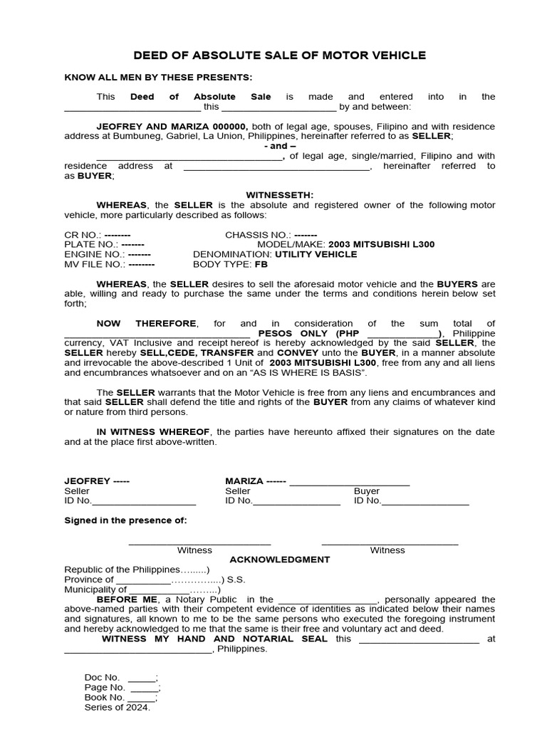 DEED OF SALE OF MOTOR VEHICLE - Open Deed of Sale-4 Wheels | PDF