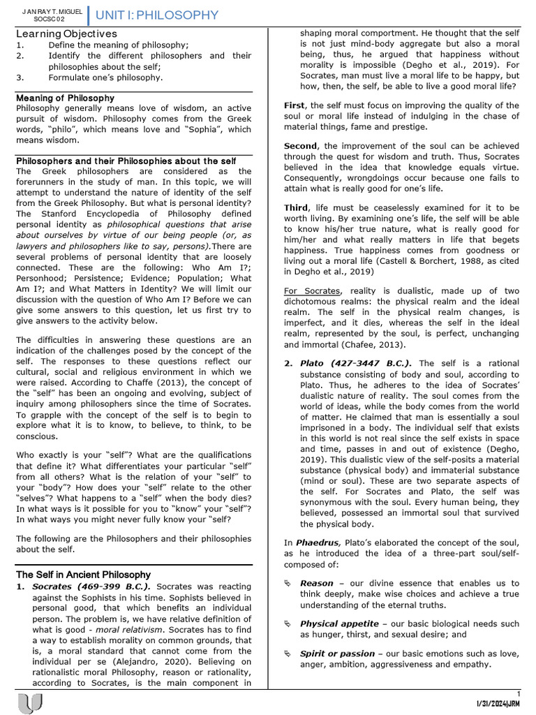 Unit I Philosophy Pdf Philosophy Of Self Soul