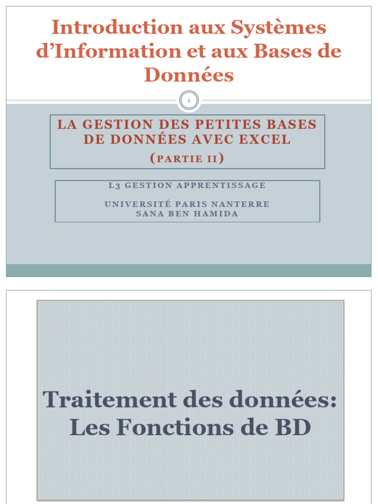 Gestion des bases de données avec Excel | PDF