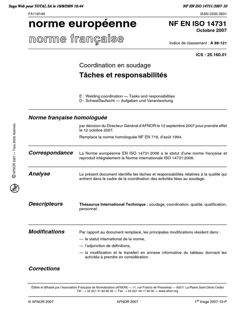 Coordination en soudage : ISO 14731 | PDF | Organisation internationale ...