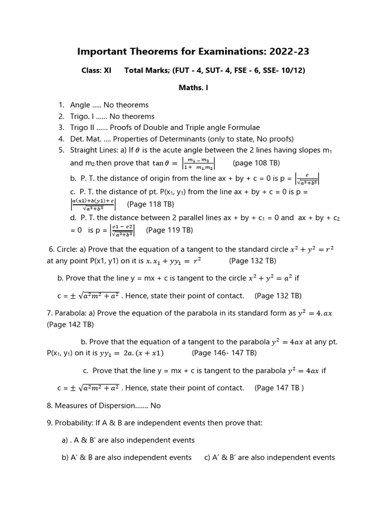 Key Maths Theorems for Class XI Exams | PDF | Circle | Elementary Geometry