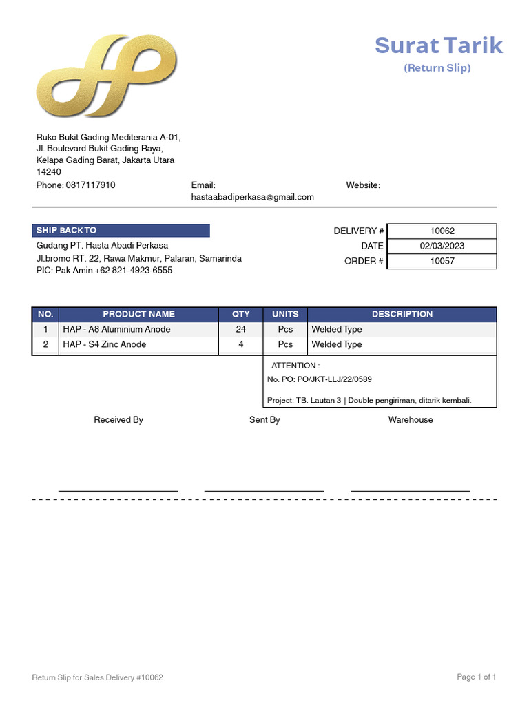 Return Slip - 10062 - PT. Layar Lintas Jaya - TB. Lautan 3 | PDF