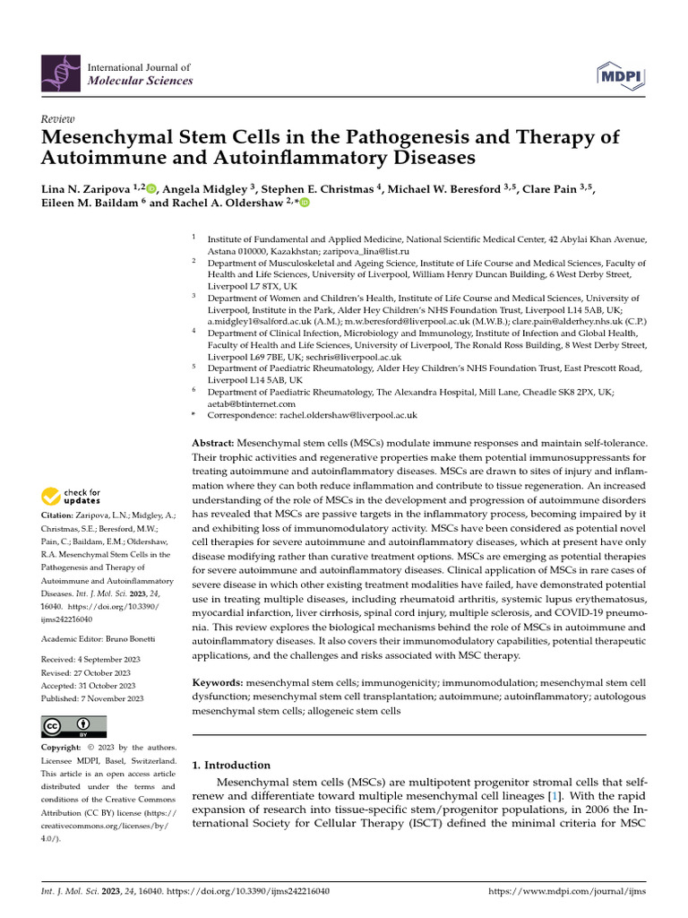 Mesenchymal Stem Cells in The Pathogenesis and The | PDF | Wellness