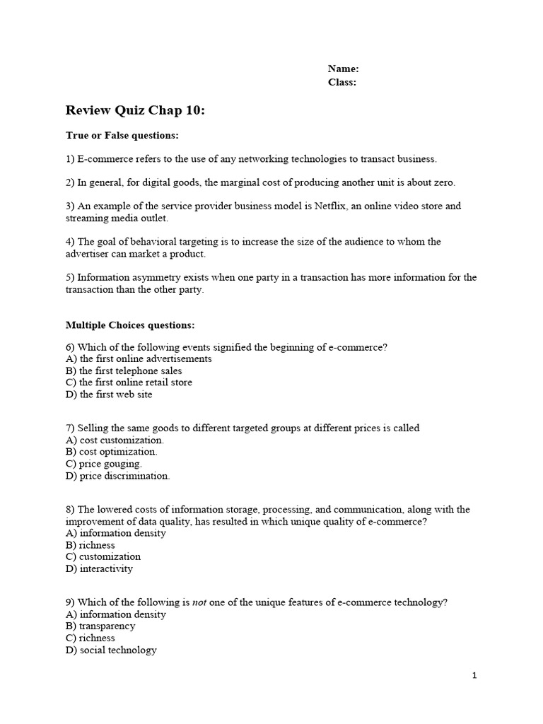 E-Commerce Quiz for Students | PDF | E Commerce | Sales