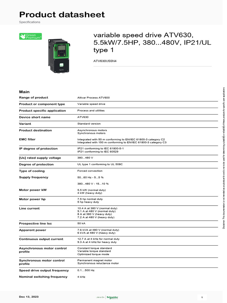 ATV630 Variable Speed Drive Datasheet | PDF | Electric Motor | Relay