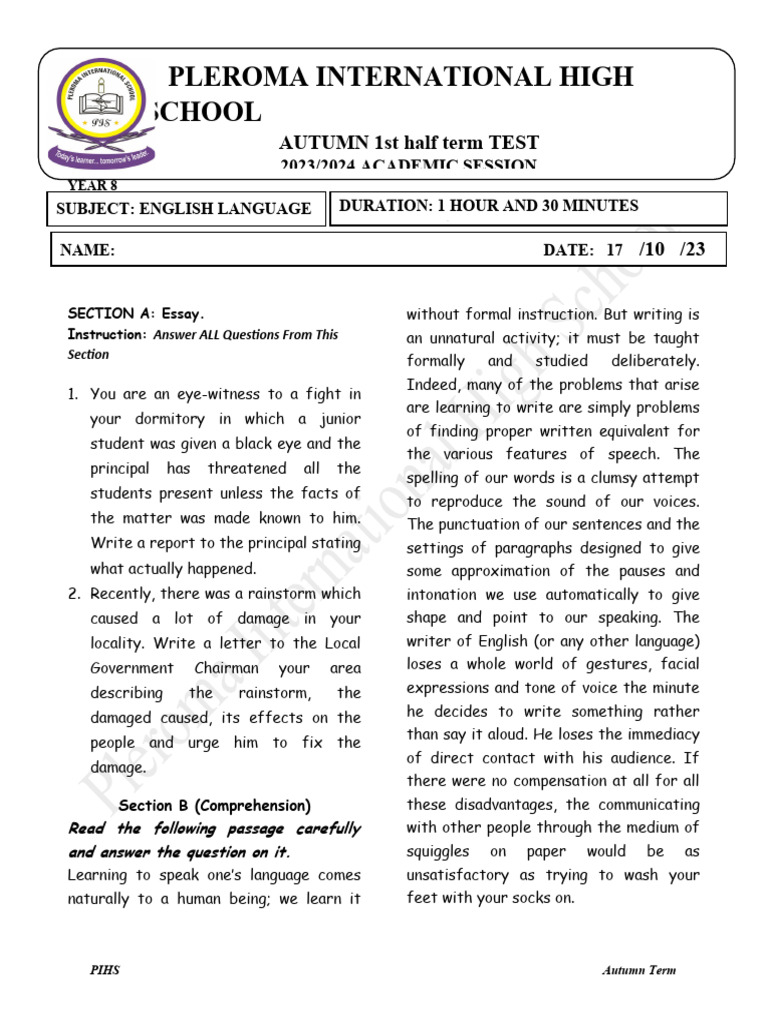 Year 8 English Language Test Guide | PDF