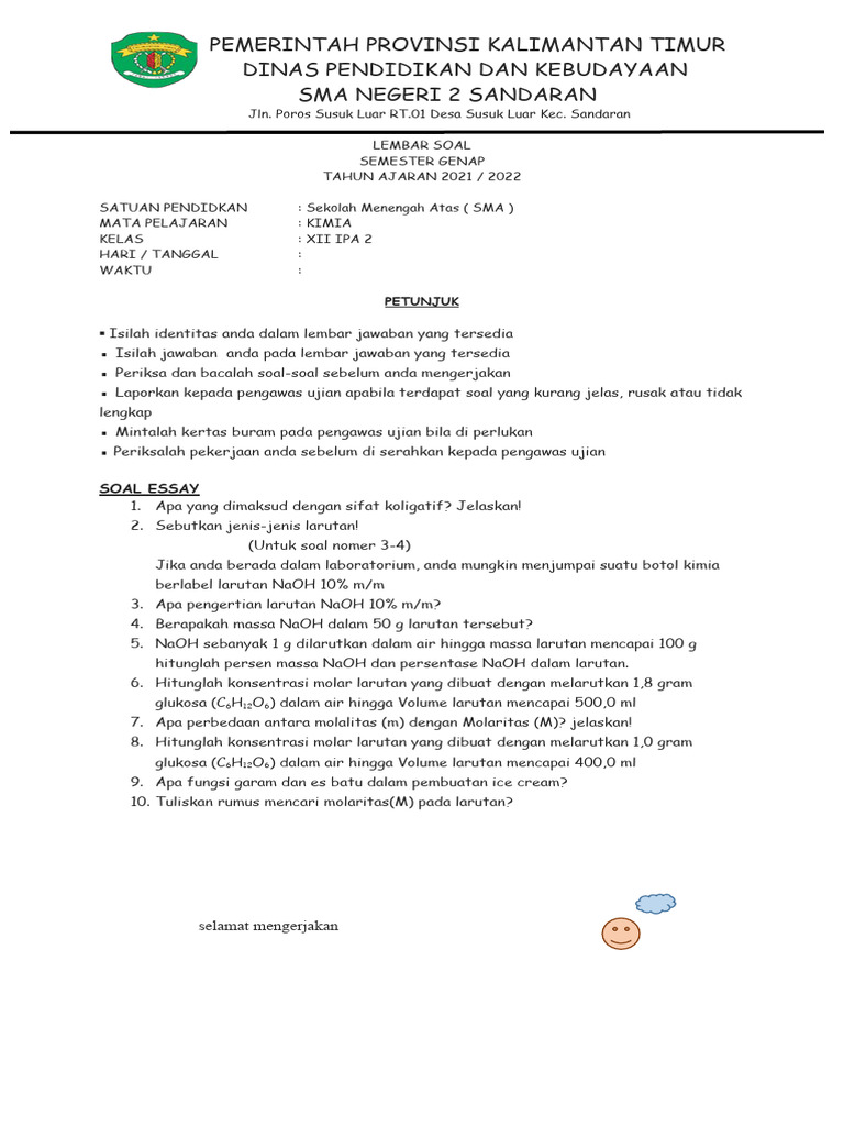 Soal Ujian Kimia Kelas XII IPA 2 | PDF