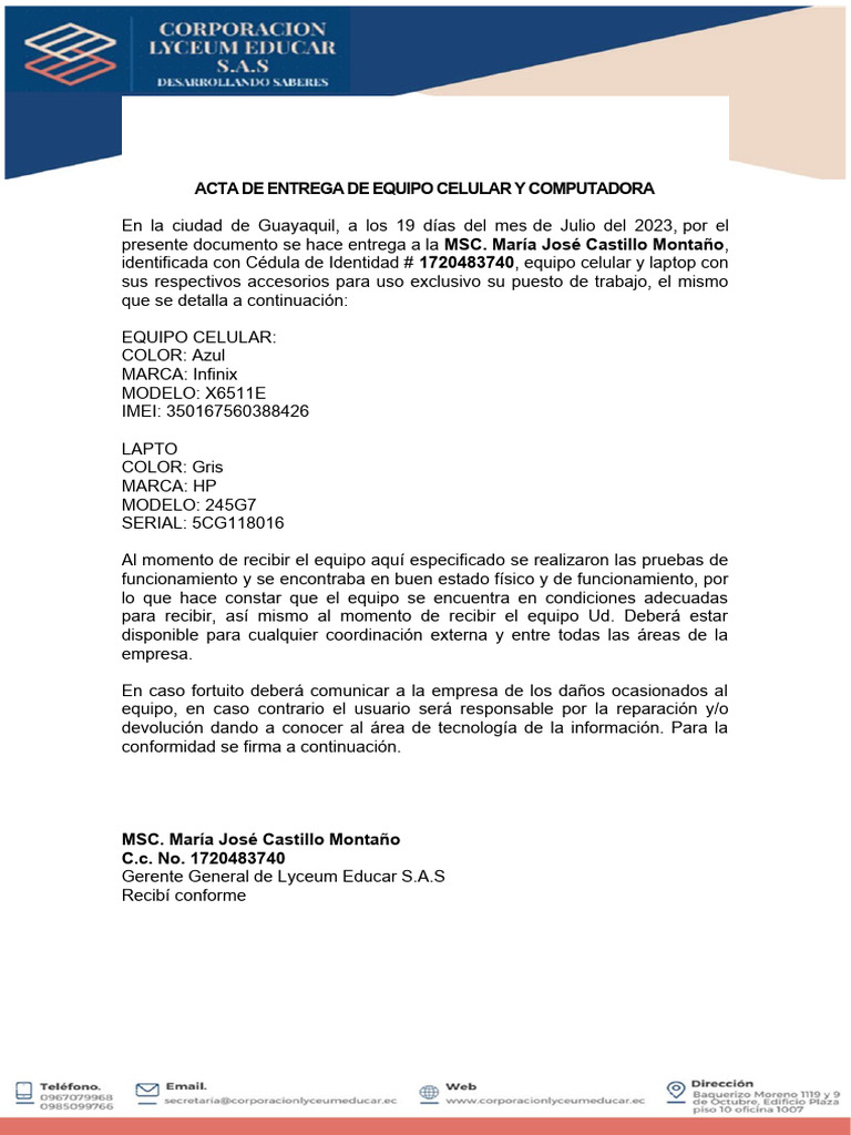 Acta de Entrega de Equipos Celular y Laptop | PDF