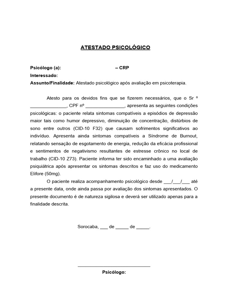 Modelo Atestado Psicológico | PDF