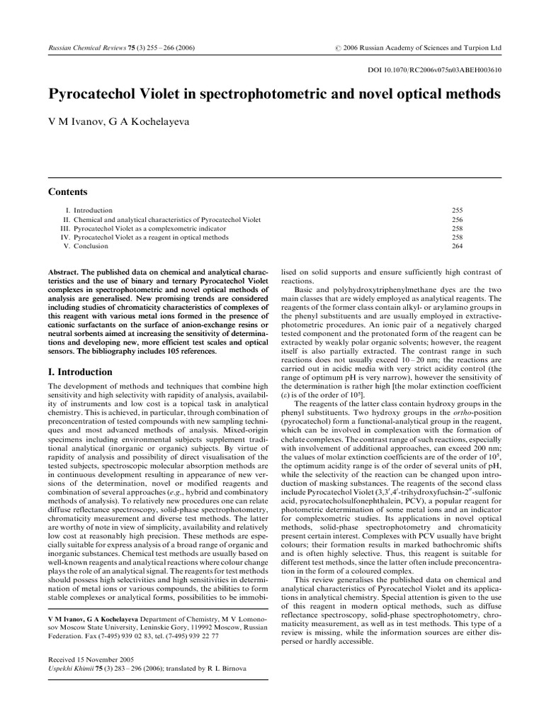 Pyrocatechol Violet in Optical Analysis | PDF | Acid Dissociation ...