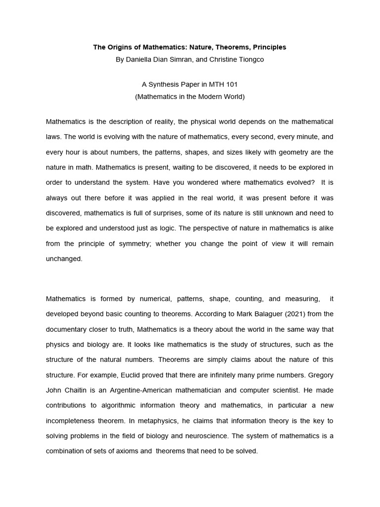 A Synthesis Paper of The Origins of Mathematics | PDF | Mathematics | Axiom