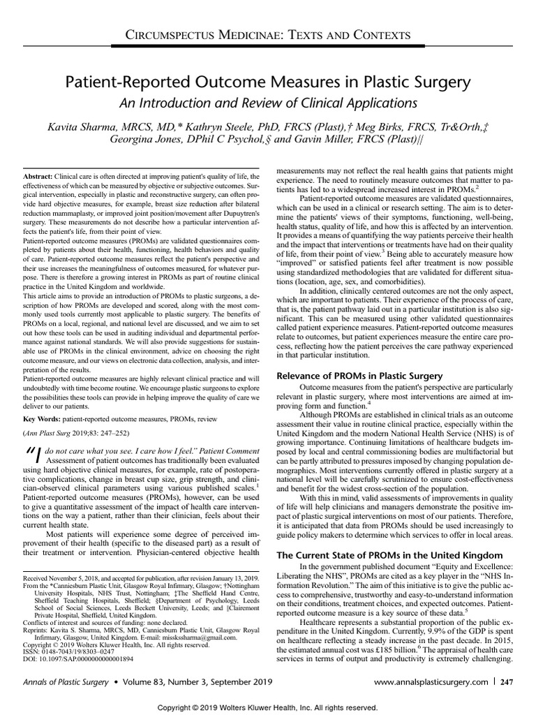  patient reported outcome measures in plastic surgery an introduction