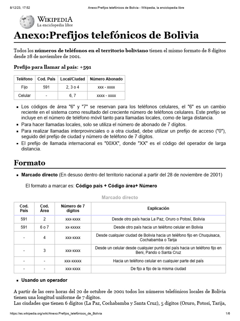 Prefijos telefónicos en Bolivia | PDF