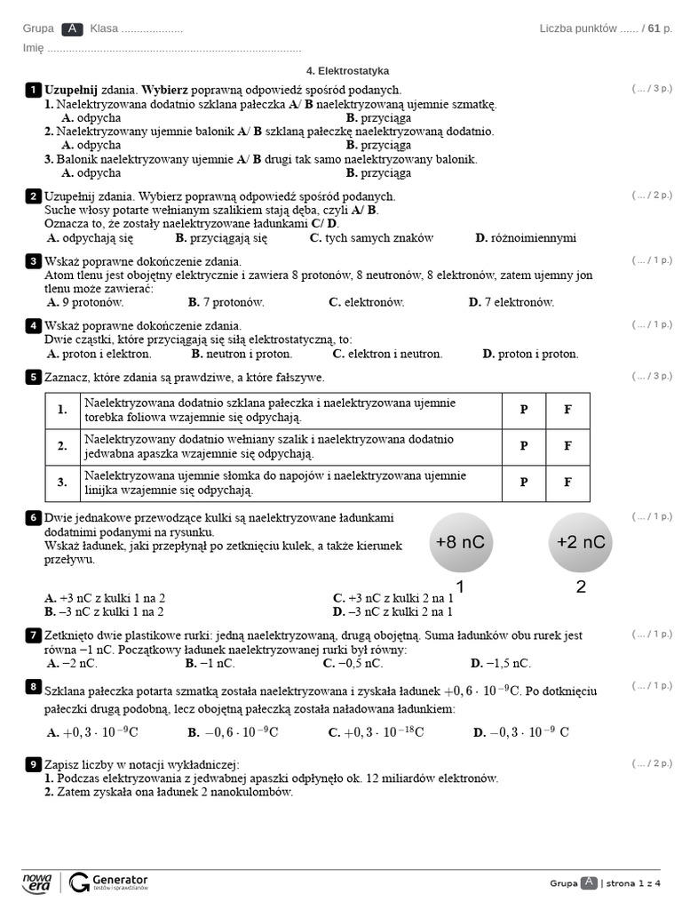 4. Elektrostatyka Test z widoczna punktacja PDF