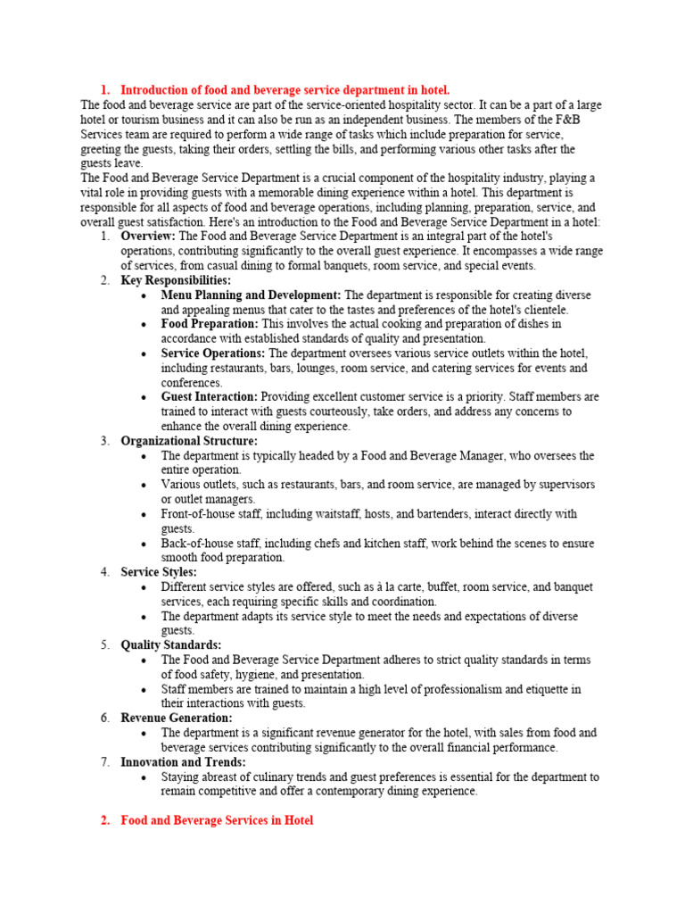 Overview of Hotel F&B Service Department | PDF