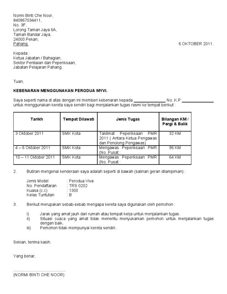 Surat Kebenaran Pinjam Kereta Keluar Sempadan