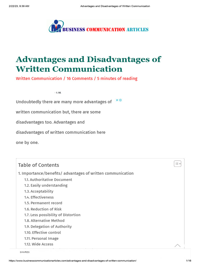 Advantages and Disadvantages of Written Communication | PDF