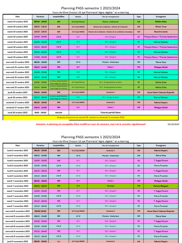 Planning PASS Semestre 1 - 2023-2024 | PDF | Science de la nature ...