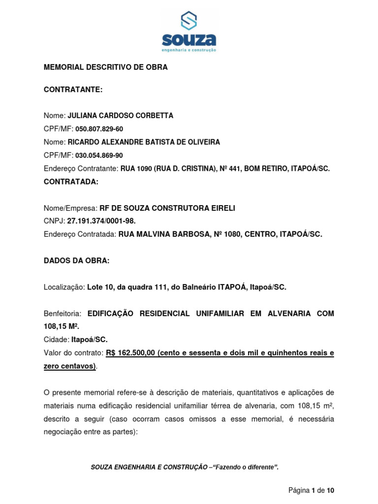 Memorial Descritivo de Obra - Juliana e Ricardo | PDF