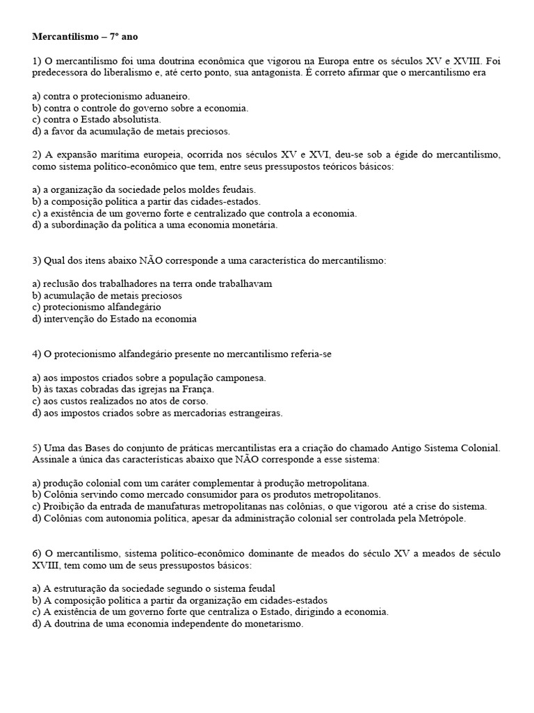 Mercantilismo: Questões e Conceitos | PDF