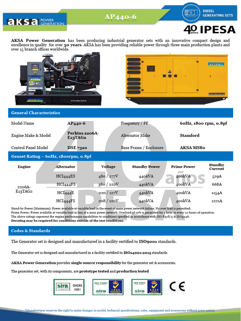 AP440-6 Generator Set Specifications | PDF | Engines | Energy Technology