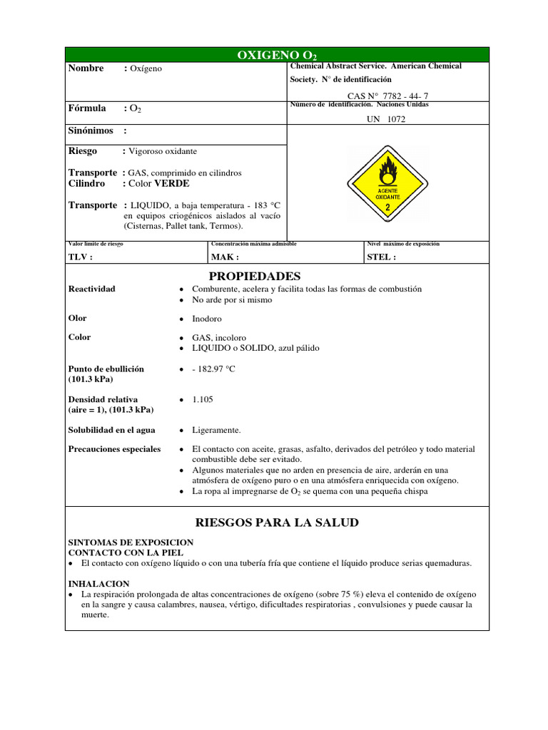 Hoja MSDS de Oxígeno (O2) | PDF | Oxígeno | Agua