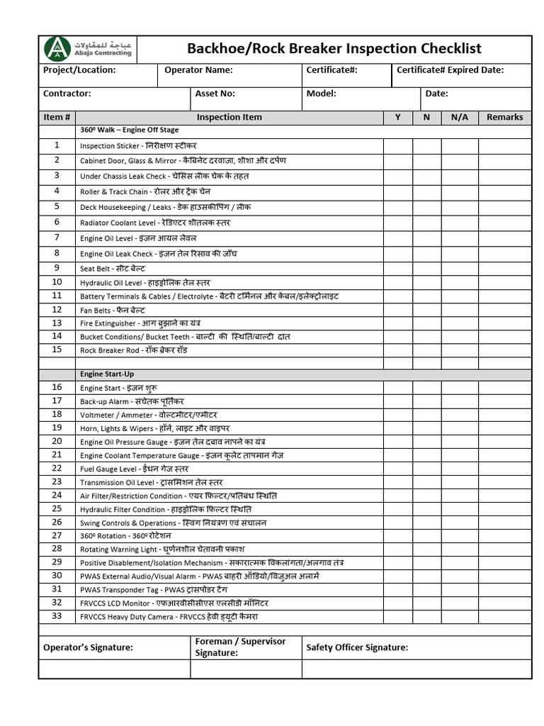 Backhoe-Rock Breaker Inspection Checklist - Hindi | PDF