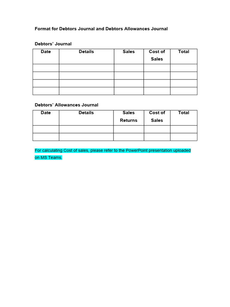 Format For Debtors Journal and Debtors Allowances Journal | PDF