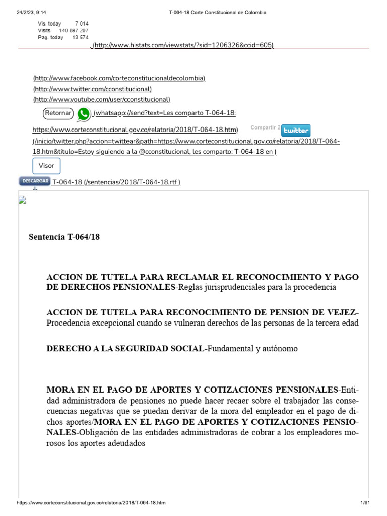 T-064-18 Corte Constitucional (Tutela) | PDF | Pensión | Sentencia (ley)
