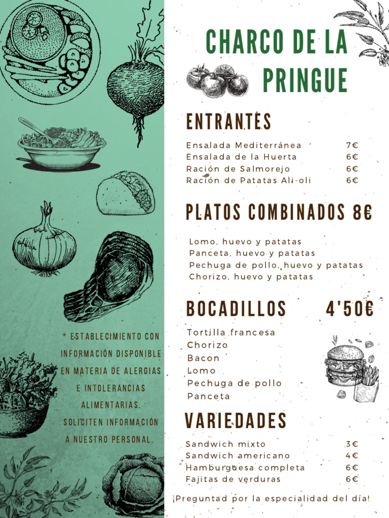 Menu Charco de La Pringue | PDF | Cocina, comidas y vino