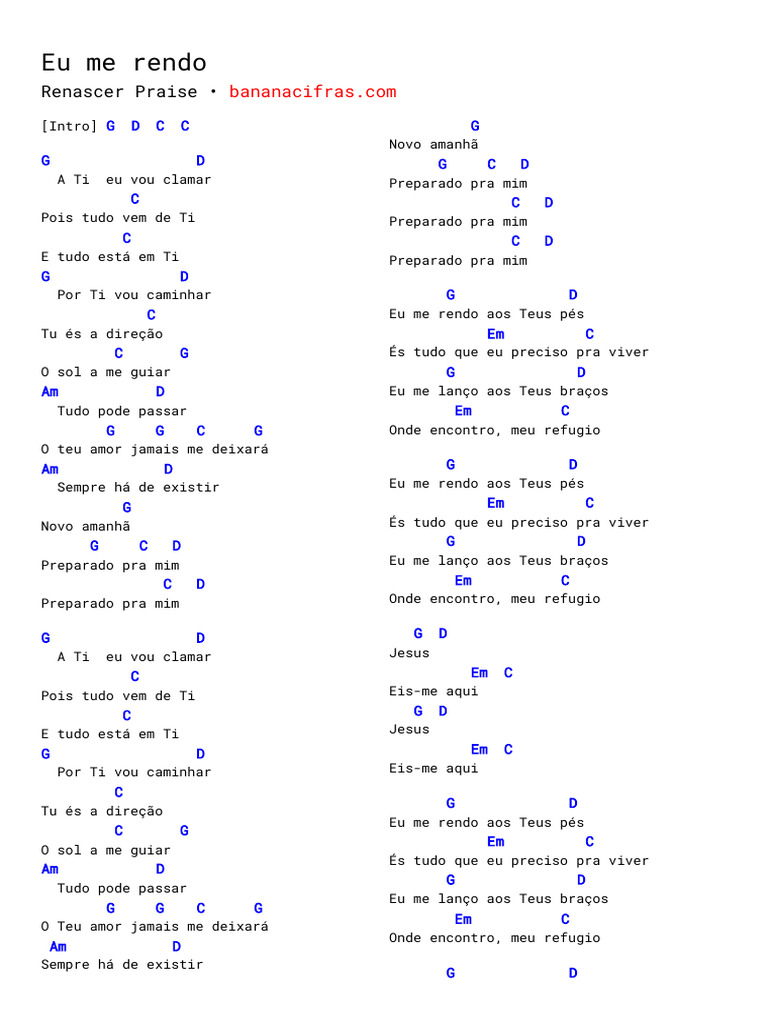 Eu Me Rendo CIFRA Renascer Praiise PDF