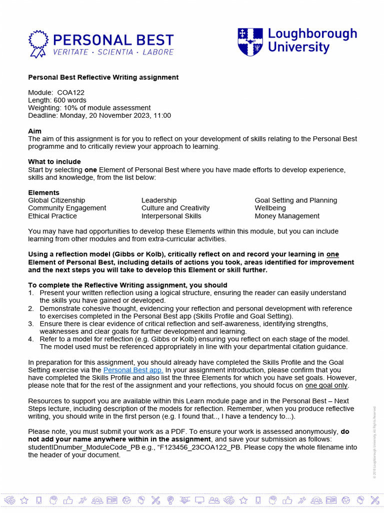 Part A Reflective Writing Assignment 2023-24 2 | PDF | Goal Setting ...