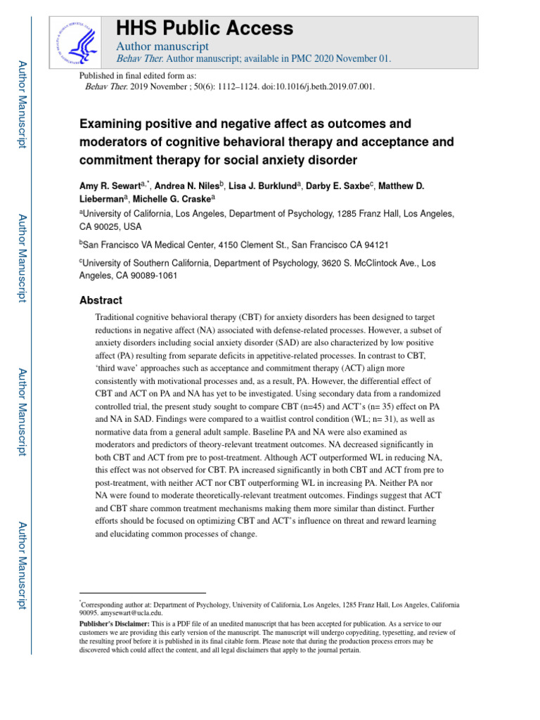 CBT vs. ACT for Social Anxiety Outcomes | PDF | Cognitive Behavioral ...