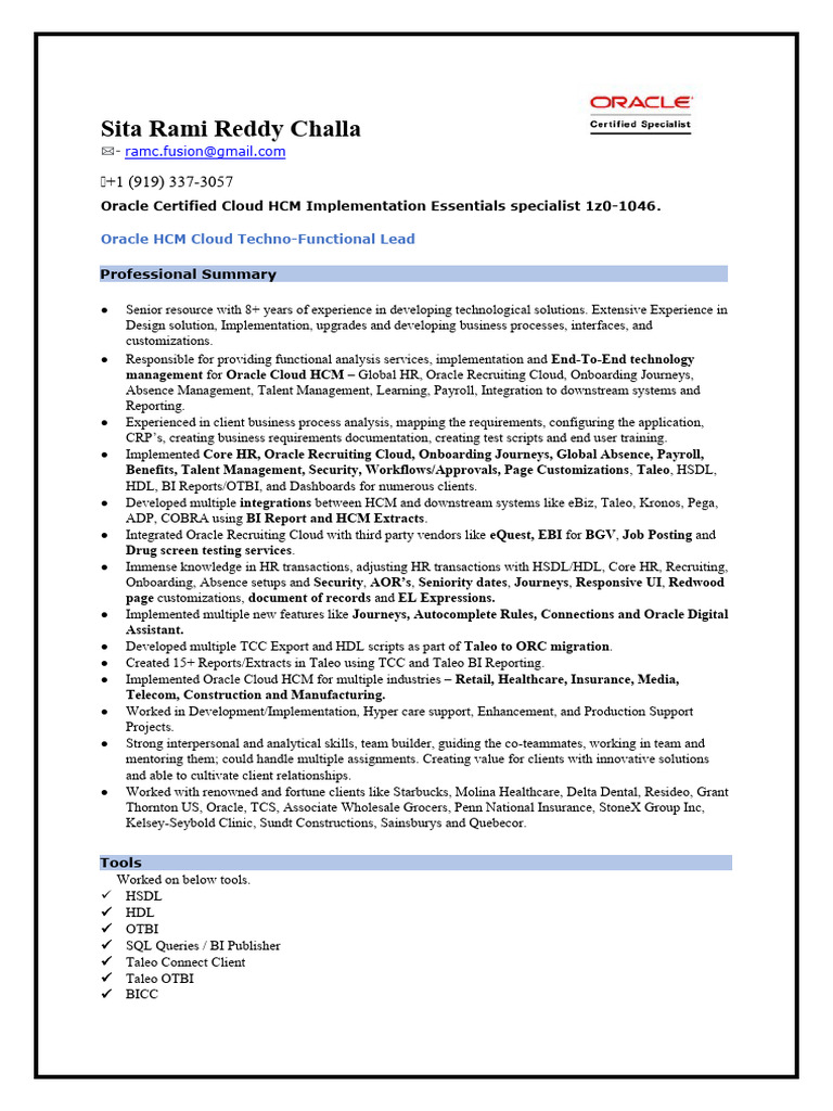 Sitaramireddy Challa Oracle HCM Cloud Resume | PDF