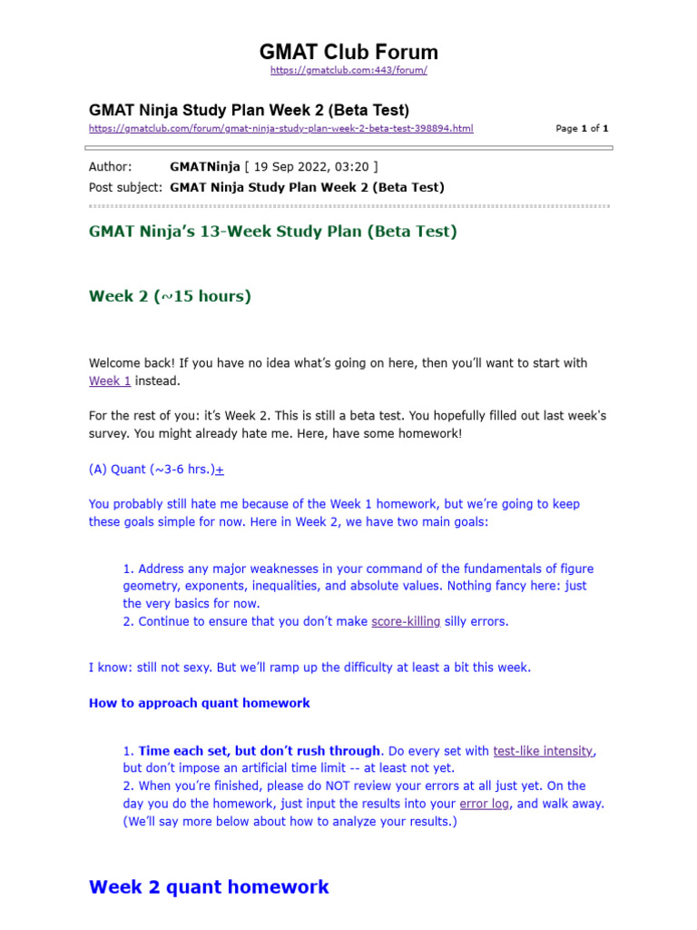 GMAT Ninja Week 2 Study Plan | PDF | Graduate Management Admission Test ...