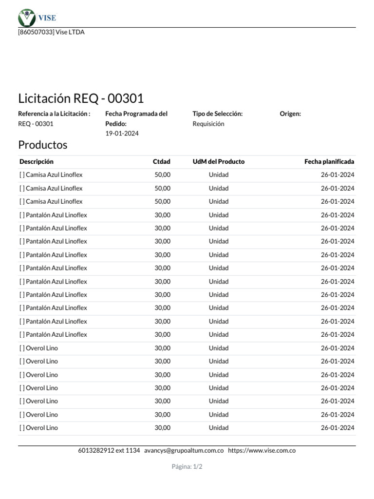 Licitación REQ-00301: Ropa Linoflex | PDF