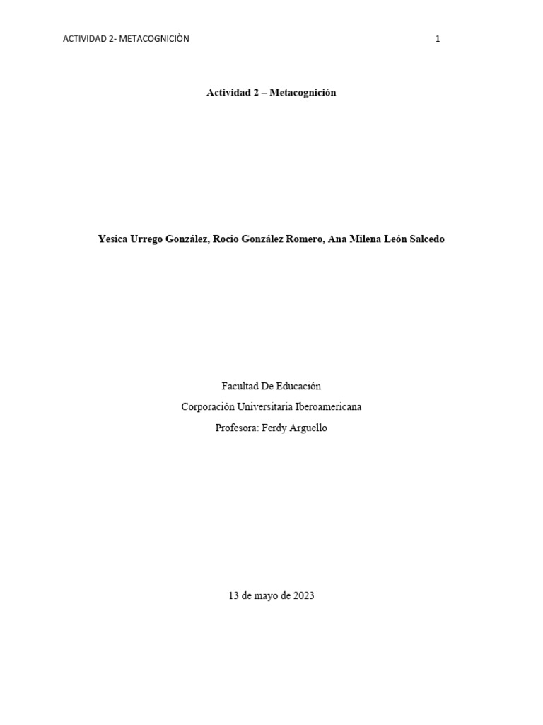 Actividad sobre Metacognición en Aprendizaje | PDF | Teoria de la mente ...